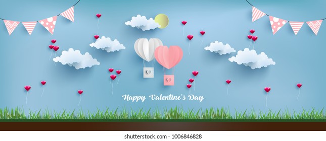 illustration valentine day. happy valentine day. beautiful design with air balloons flying over green grass