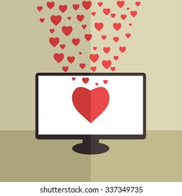Illustration for Valentine day - hearts from computer monitor. Vector flat illustration.