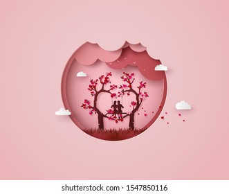 illustration of Valentine day, two enamored under a love tree, paper cut art style.