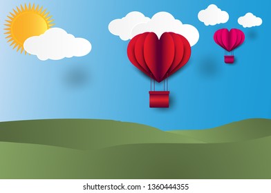 illustration for valentine day,Origami made hot air red and pink balloon flying on the sky on sunny day