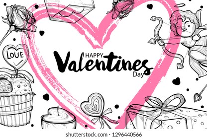 illustration of valentine with heart, cupid, cupcake, rose, gift box, cookie bottle on white background. valentine background design