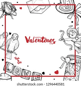 illustration of valentine with heart, cupid, cupcake, rose, gift box, cookie bottle on white background. valentine background design