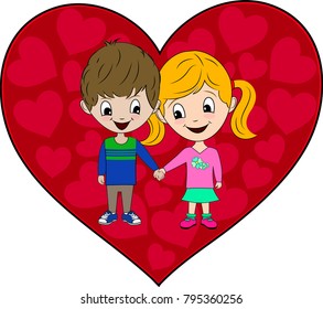 Illustration Valentine of two cute small children holding hands in front of a red heart shape. 