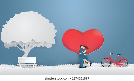 Illustration Of Valentine's Card  Design Template With Couple Show Love On The Gray Grass With Heart Background In Spring Season,paper Craft Style.