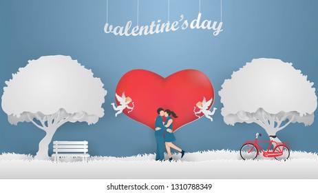 Illustration of Valentine's card  design template with Cupid flies around Couple show Love on the gray grass with heart background in spring season,paper craft style.