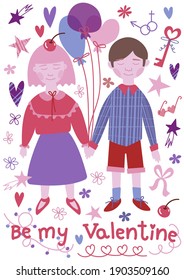 Illustration Valentine's Day  Boy   girl and stars  hearts  flowers  key  bow   balloons  Be my Valentine illustration in pink   violet colors 