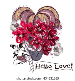 Illustration or Valentines Day card with air balloon from flowers painted in engraved and watercolor style hello love