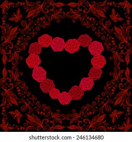 Illustration of valentines day card template with floral ornamental background and heart shaped frame 