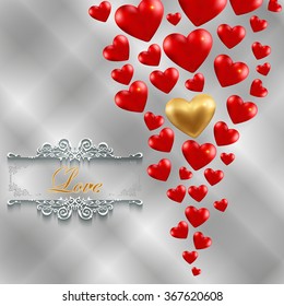 Illustration of valentines day card template with gold and red hearts, love lettering and ornamental borders
