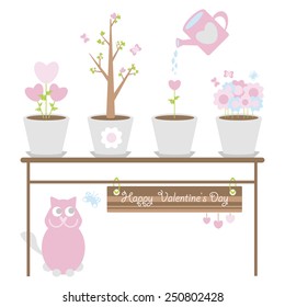 Illustration of Valentine's Day. Cat, flowers and love.