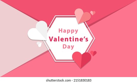 Illustration Of Valentine's Day Concept Background. Vector Illustration. 3d Red And Pink Paper Hearts With White Hexagon Frame. Cute Love Sale Banner Or Greeting Card.