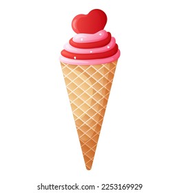 illustration for valentine's day. cute pink ice cream in a waffle. element for postcard, menu, congratulations