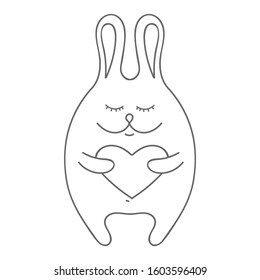 Illustration for valentines day. Cute rabbit with a heart. Circuit. Doodles. Vector illustration.