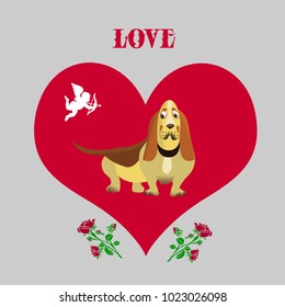 Illustration for valentine's day, Dog taxi cab, inside the heart, cartoon on light gray background, vector