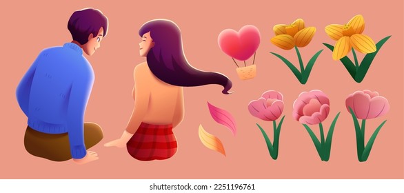 Illustration of Valentines Day elements, including smiling couple in sitting posture, love shape hot air balloon, flower petals, pink and yellow flowers isolated on burnt coral background.