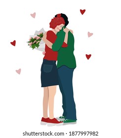 Illustration for Valentine's Day, February 14 in cartoon style.  A man and a woman embrace, a man holds a bouquet of flowers.  Vector image in a flat style on a white background.