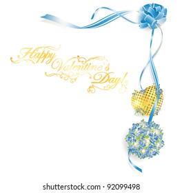 illustration of Valentine`s day frame with forget-me-not bouquet and golden heart, copyspace for your text