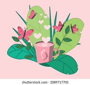 Illustration for Valentine's Day greeting card with plants, butterflies and coffee cup