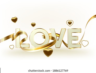Illustration of Valentine's Day greetings. The word love is realistic with a heart of gold and a gold ribbon. Vector illustration.