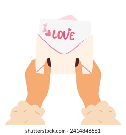 Illustration for Valentine's Day. A hand holds a letter with the inscription ''love''. Declaration of love in writing. Vector illustration, flat image, top view. Valentine's Day illustration. 