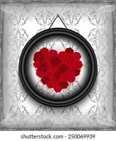 Illustration of valentines day heart made of red and pink roses with frame and grunge background
