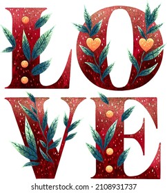 Illustration for Valentine's Day inscription love with sprouting twigs and flowers through it