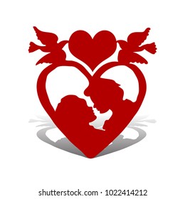 Illustration for Valentine's Day, loving couple, in heart with top of pigeons, silhouette on white background, vector