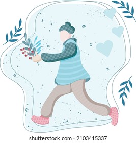 Illustration for Valentine's Day. A man in love with a bouquet of flowers
