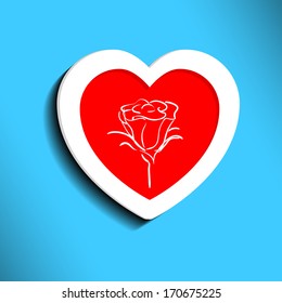 Illustration of Valentine's Day. Paper red heart with a white stroke on blue background.