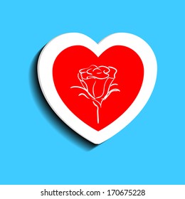 Illustration of Valentine's Day. Paper red heart with a white stroke on blue background.