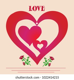 Illustration for Valentine's Day, Pendant red heart, silhouette on beige background with roses, vector
