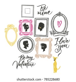 Illustration for Valentine's day. Portraits of two lovers and waiting dog. Greeting card. Be mine, I love you.