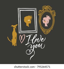 Illustration for Valentine's day. Portraits of two lovers and waiting dog. Greeting card. Be mine, I love you.