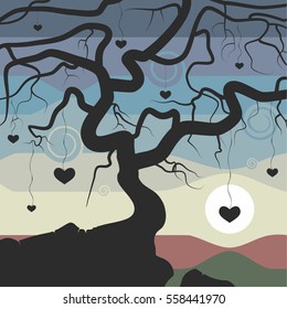 The illustration for Valentine's day. A rock near the tree with decorative hearts and watch the sunset. The sky painted in different colors. A hearts, a tree and a rock painted black.