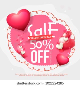 Illustration Of Valentines Day Sale Background With Shiny Heart,Banner,Poster Or Brochure Template Design,Easy To Edit.
