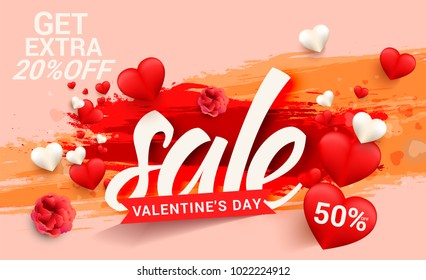 Illustration Of Valentines Day Sale Background With Shiny Heart,Banner,Poster Or Brochure Template Design,Easy To Edit.
