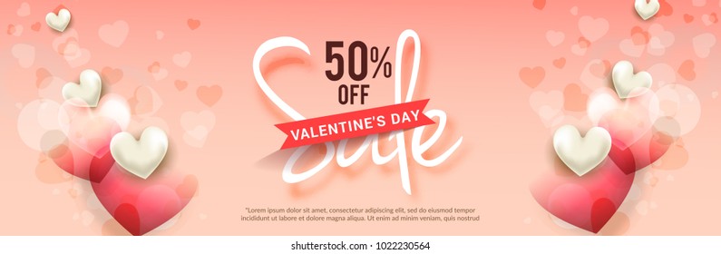 Illustration Of Valentines Day Sale Background With Shiny Heart,Banner,Poster Or Brochure Template Design,Easy To Edit.