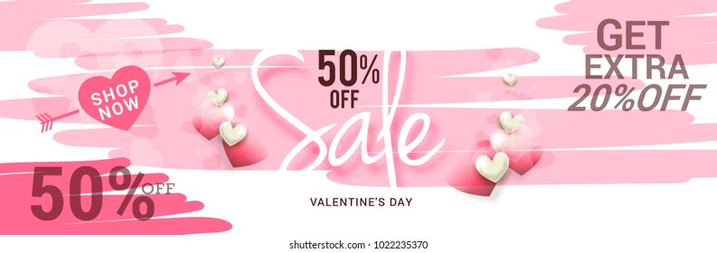 Illustration Of Valentines Day Sale Background With Shiny Heart,Banner,Poster Or Brochure Template Design,Easy To Edit.