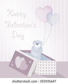 illustration for Valentine's Day with teddy bear, gift box and transparent balloons in the shape of hearts. Designed in pastel retro style. Perfect for love letter, anniversaries and print products.