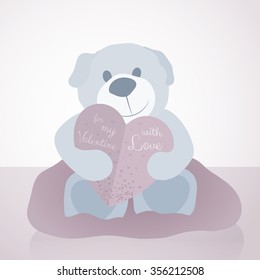 illustration for Valentine's Day with teddy bear and paper love letter in form of heart. Designed in pastel colors, retro style. Perfect for love letter, anniversaries, web banners and print products.