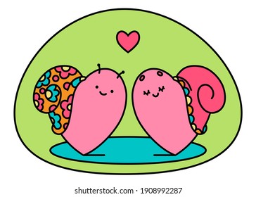 Illustration for Valentine's Day, two pink heart - smiling snail, cartoon character, symbol of love, eternity, patience, bright drawing, funny and cute face, rainbow on her shell, holiday icon 