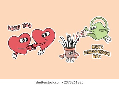 Ilustración del Día de San Valentín. Dos corazones rojos están tomados de la mano y una cariñosa lata de agua verde regando una flor favorita.