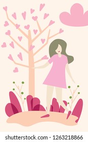Illustration for Valentine's day. Vector graphics. Girl, heart, love. Postcard.