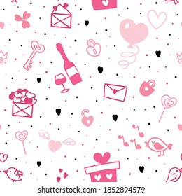 Illustration for Valentine's day in vector. Seamless pattern of black objects on a white background. Envelopes with hearts, keys and locks, Doodle-style birds, a bottle of wine