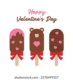 A illustration for 'Valentine's Day', a day when lovers give each other chocolates. A set of illustrations and a bear-shaped chocolate bar with heart decoration.