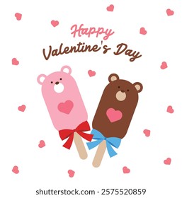 A illustration for 'Valentine's Day', a day when lovers give each other chocolates. Illustration of a cute bear-shaped strawberry and chocolate ice cream stick with a ribbon tied around it.