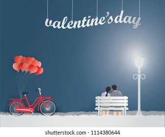 Illustration of valentine's day with Young Couple sitting apart on the bench in the park,paper craft style