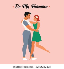 Illustration for Valentine's Day with a young couple in love. The guy and the girl smile and hug. cute lovers	