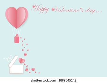 illustration of Valentines hearts with gift box postcard. Paper flying elements on green background. Vector symbols of love in shape of heart for Happy Valentine's Day or celebration