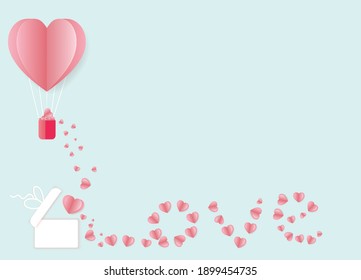 illustration of Valentines hearts  with gift box . Paper flying elements on green background. Vector symbols of love in shape of heart for Happy Valentine's Day or celebration